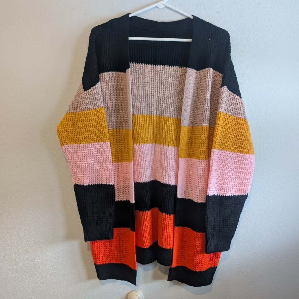 *3/$25* Women's Black/Pink/Mustard Striped Open Front Knit Cardigan - Size Large